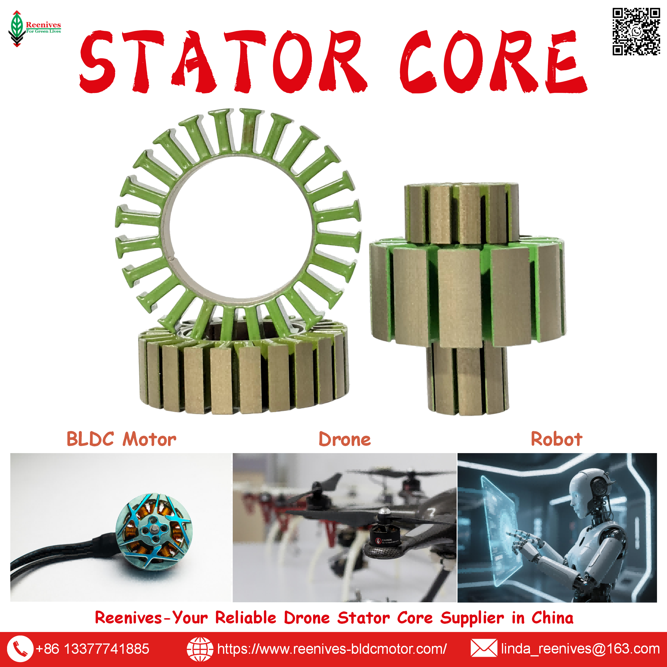 Reenives supplies premium BLDC brushless motor stator cores. Ultra-low core loss, epoxy coating. Trusted by drone & EV motor manufacturers worldwide.